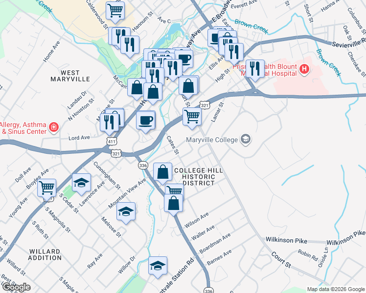 map of restaurants, bars, coffee shops, grocery stores, and more near 212 West Goddard Avenue in Maryville