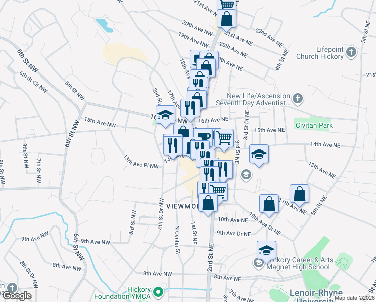 map of restaurants, bars, coffee shops, grocery stores, and more near 103 14th Avenue Northeast in Hickory