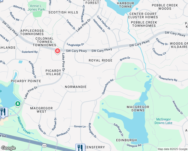 map of restaurants, bars, coffee shops, grocery stores, and more near 113 Greenock Court in Cary