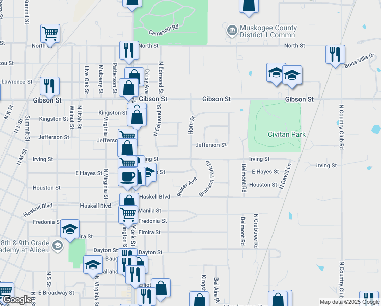 map of restaurants, bars, coffee shops, grocery stores, and more near 900 Horn Street in Muskogee