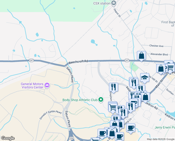 map of restaurants, bars, coffee shops, grocery stores, and more near 124 Split Rail Lane in Spring Hill