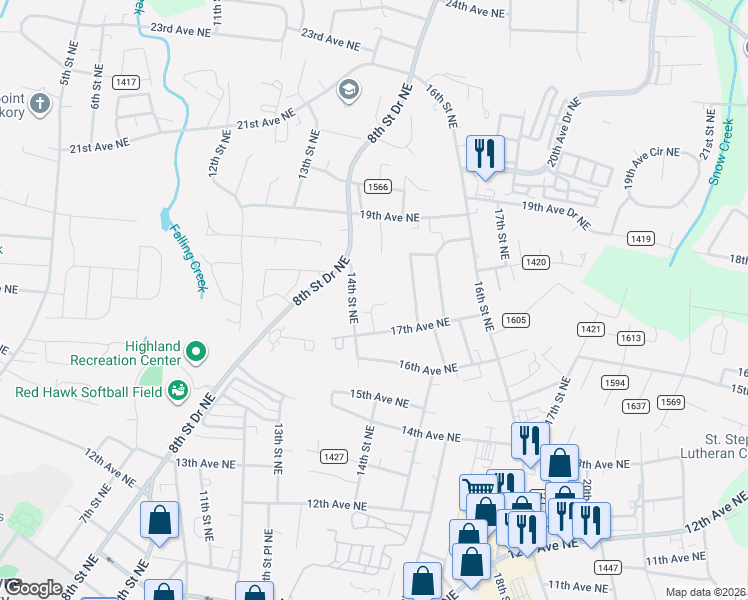 map of restaurants, bars, coffee shops, grocery stores, and more near 1738 14th Street Lane Northeast in Hickory