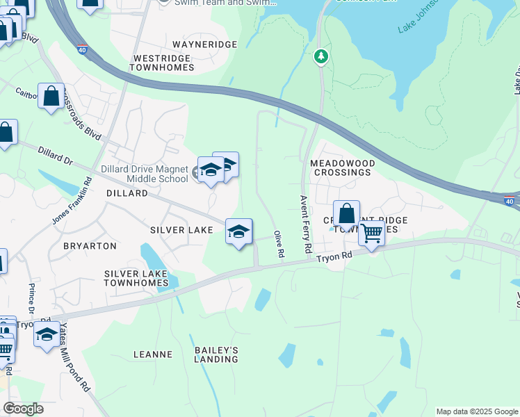 map of restaurants, bars, coffee shops, grocery stores, and more near 5320 Olive Road in Raleigh