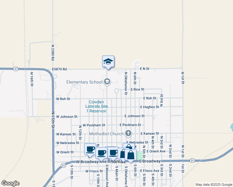map of restaurants, bars, coffee shops, grocery stores, and more near 920 North Main Street in Thomas