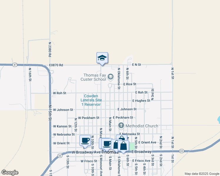 map of restaurants, bars, coffee shops, grocery stores, and more near 920 North Main Street in Thomas