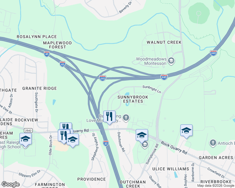 map of restaurants, bars, coffee shops, grocery stores, and more near 2127 Sunny Cove Drive in Raleigh