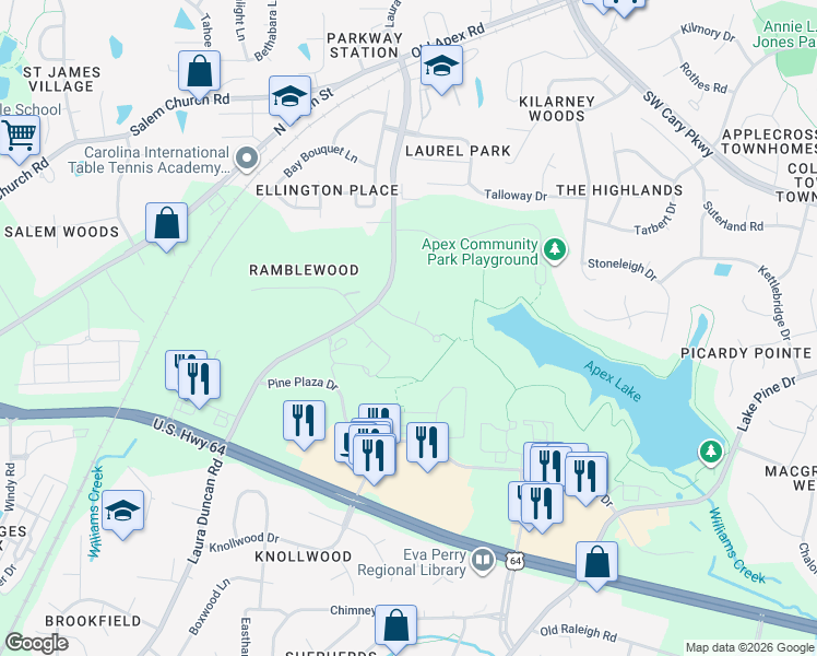 map of restaurants, bars, coffee shops, grocery stores, and more near 637 Edgewater Ridge Court in Apex
