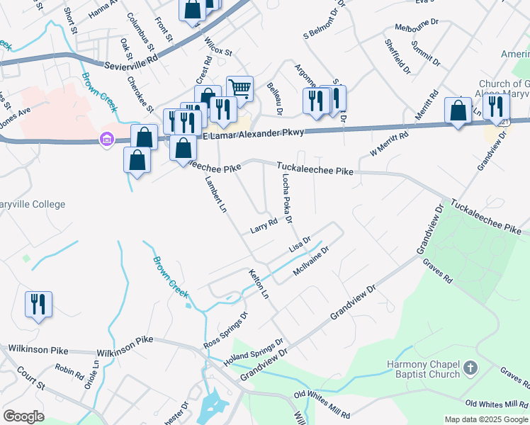 map of restaurants, bars, coffee shops, grocery stores, and more near 237 Pinecrest Circle in Maryville