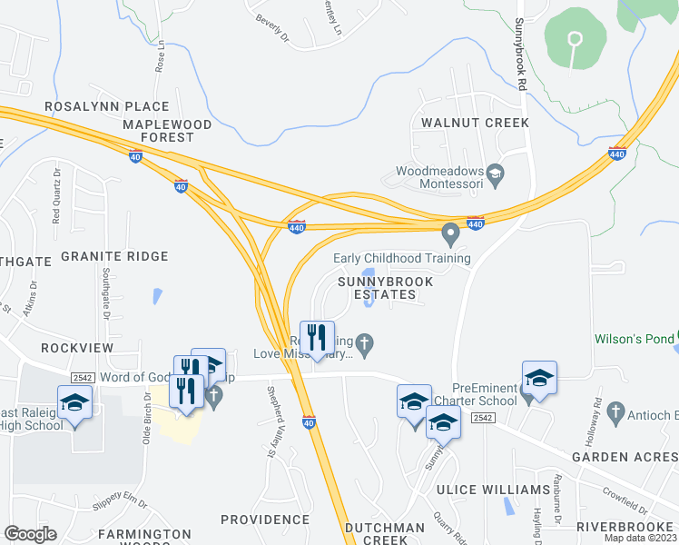 map of restaurants, bars, coffee shops, grocery stores, and more near 3275 Warm Springs Lane in Raleigh