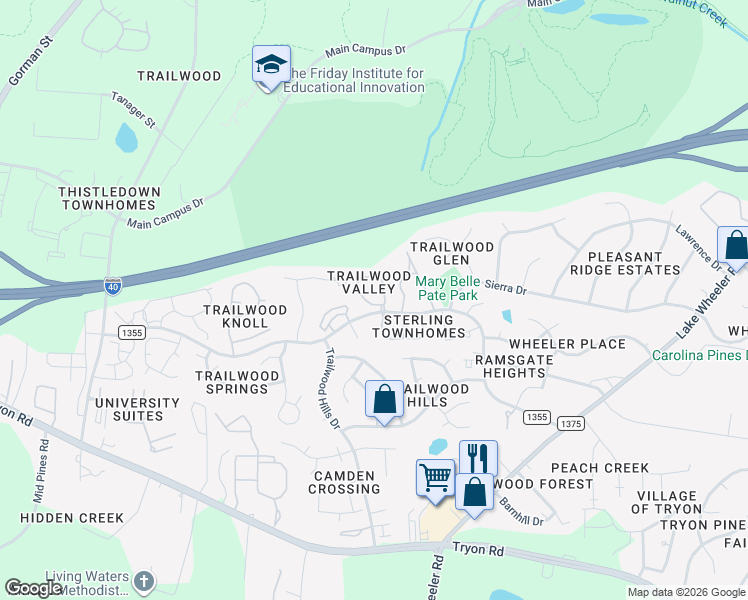 map of restaurants, bars, coffee shops, grocery stores, and more near in Raleigh
