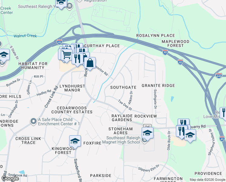 map of restaurants, bars, coffee shops, grocery stores, and more near 2020 Bowman Lane in Raleigh
