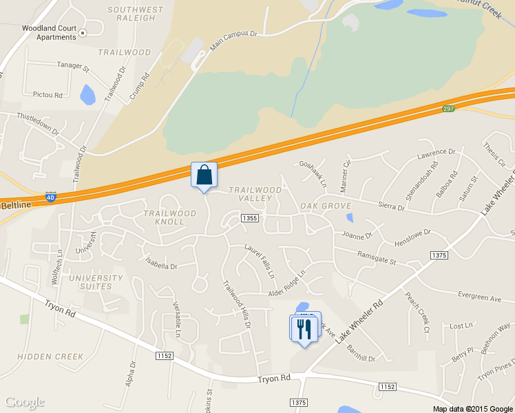 map of restaurants, bars, coffee shops, grocery stores, and more near 2800 Crestscene Trail in Raleigh