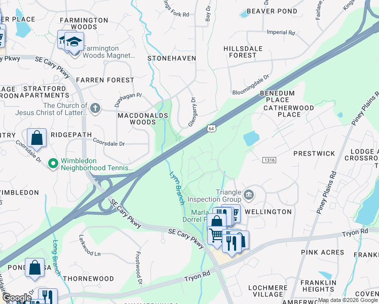 map of restaurants, bars, coffee shops, grocery stores, and more near 3213 Wellington Ridge Loop in Cary