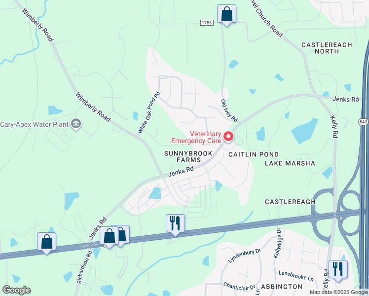 map of restaurants, bars, coffee shops, grocery stores, and more near 2551 Rambling Creek Road in Apex