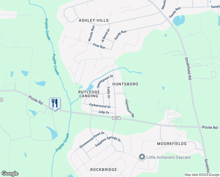 map of restaurants, bars, coffee shops, grocery stores, and more near 1105 Tellis Drive in Knightdale