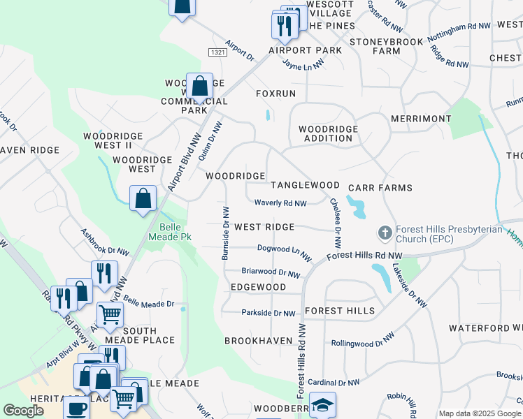 map of restaurants, bars, coffee shops, grocery stores, and more near 1307 Waverly Road Northwest in Wilson