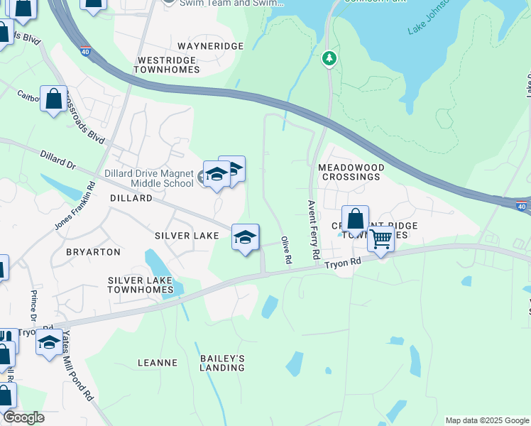 map of restaurants, bars, coffee shops, grocery stores, and more near 5320 Olive Road in Raleigh