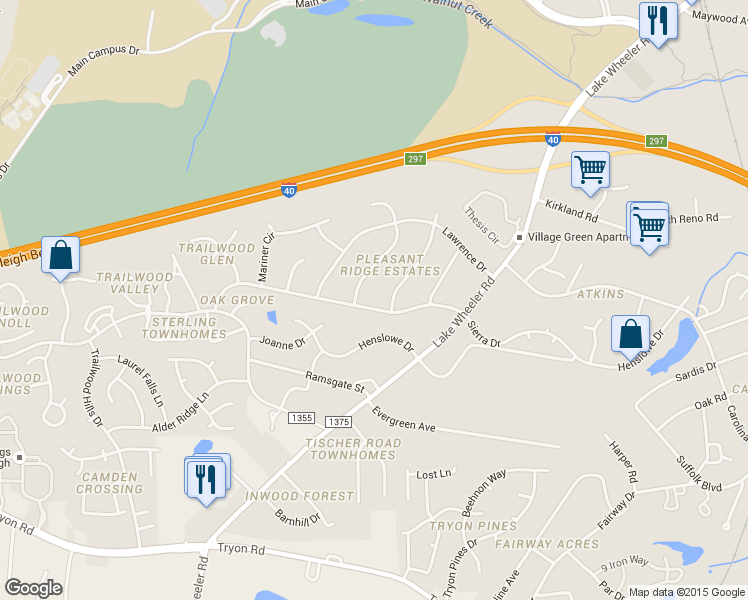 map of restaurants, bars, coffee shops, grocery stores, and more near 2208 Sierra Drive in Raleigh