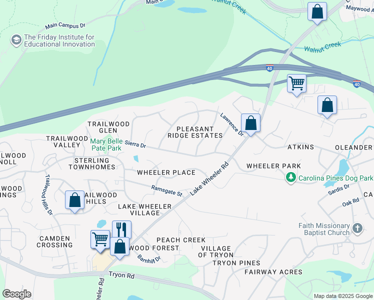 map of restaurants, bars, coffee shops, grocery stores, and more near 2208 Sierra Drive in Raleigh