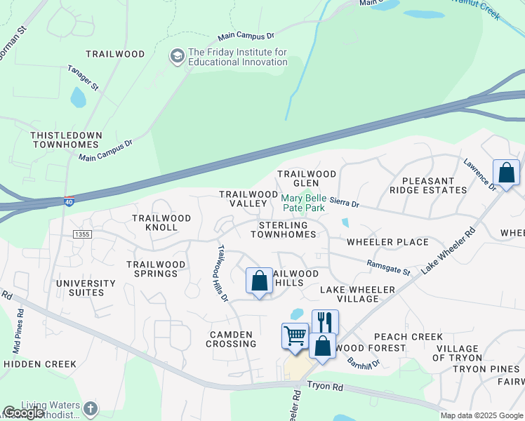 map of restaurants, bars, coffee shops, grocery stores, and more near 2243 Long Pine Lane in Raleigh