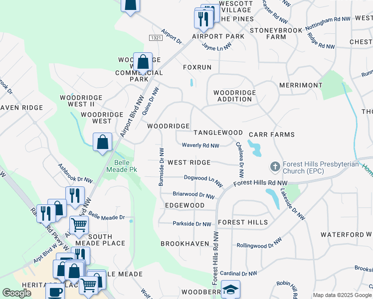 map of restaurants, bars, coffee shops, grocery stores, and more near 1307 Waverly Road Northwest in Wilson