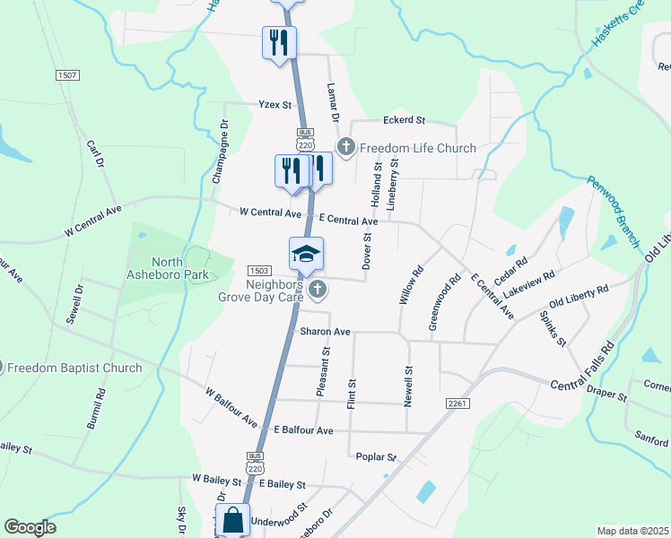 map of restaurants, bars, coffee shops, grocery stores, and more near 117 East Strider Street in Asheboro