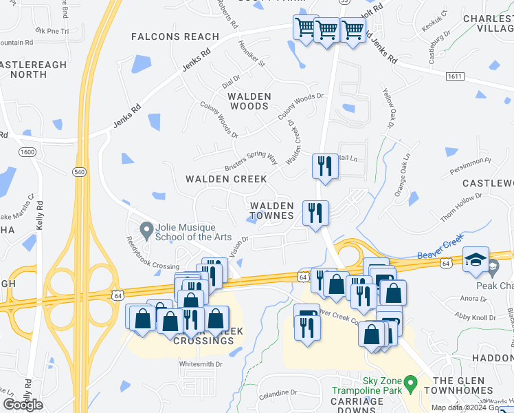 map of restaurants, bars, coffee shops, grocery stores, and more near 1621 Shepherds Glade Drive in Apex