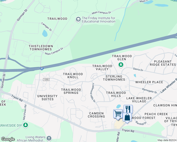 map of restaurants, bars, coffee shops, grocery stores, and more near 1851 Trailwood Heights Lane in Raleigh