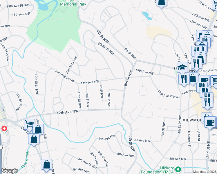 map of restaurants, bars, coffee shops, grocery stores, and more near 681 13th Avenue Place Northwest in Hickory