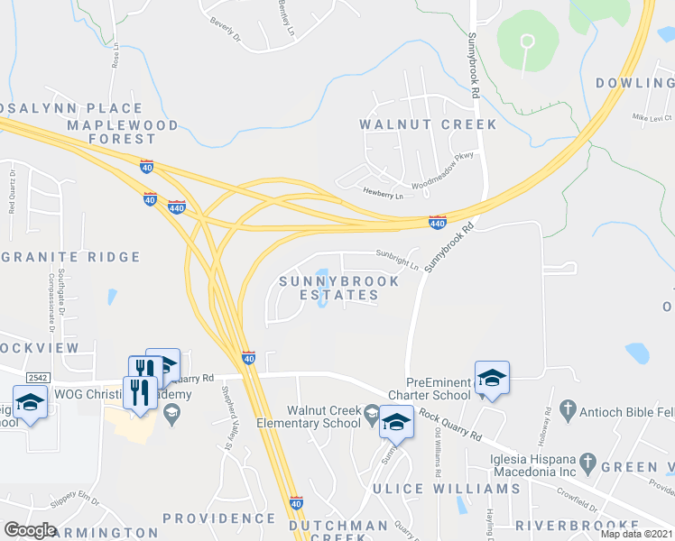 map of restaurants, bars, coffee shops, grocery stores, and more near 2200 Stoney Spring Drive in Raleigh