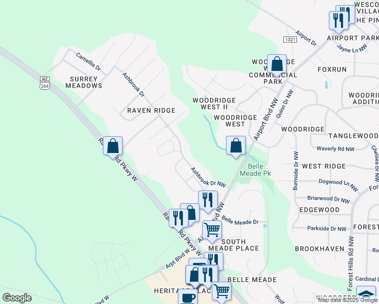 map of restaurants, bars, coffee shops, grocery stores, and more near Ashbrook Drive Northwest in Wilson