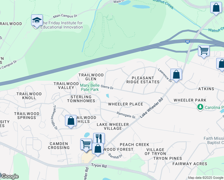 map of restaurants, bars, coffee shops, grocery stores, and more near 3112 Henslowe Drive in Raleigh