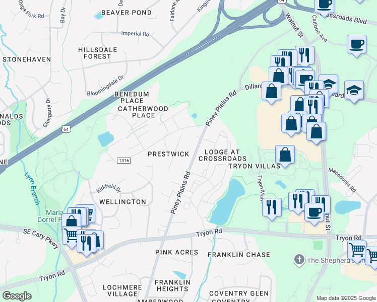 map of restaurants, bars, coffee shops, grocery stores, and more near 2212 Piney Plains Road in Cary