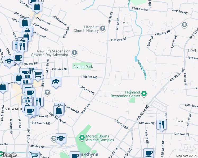 map of restaurants, bars, coffee shops, grocery stores, and more near 1343 5th Street Northeast in Hickory