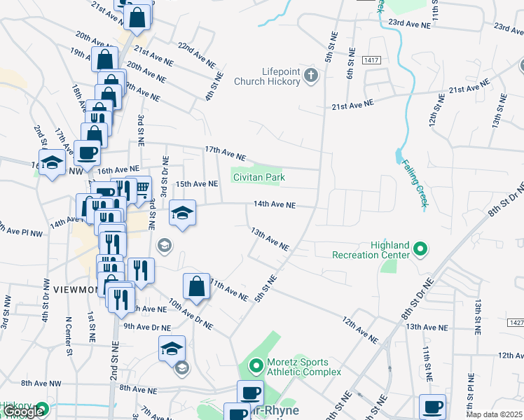 map of restaurants, bars, coffee shops, grocery stores, and more near 480 14th Avenue Northeast in Hickory