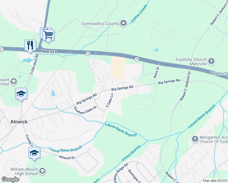 map of restaurants, bars, coffee shops, grocery stores, and more near 1939 Big Springs Road in Maryville