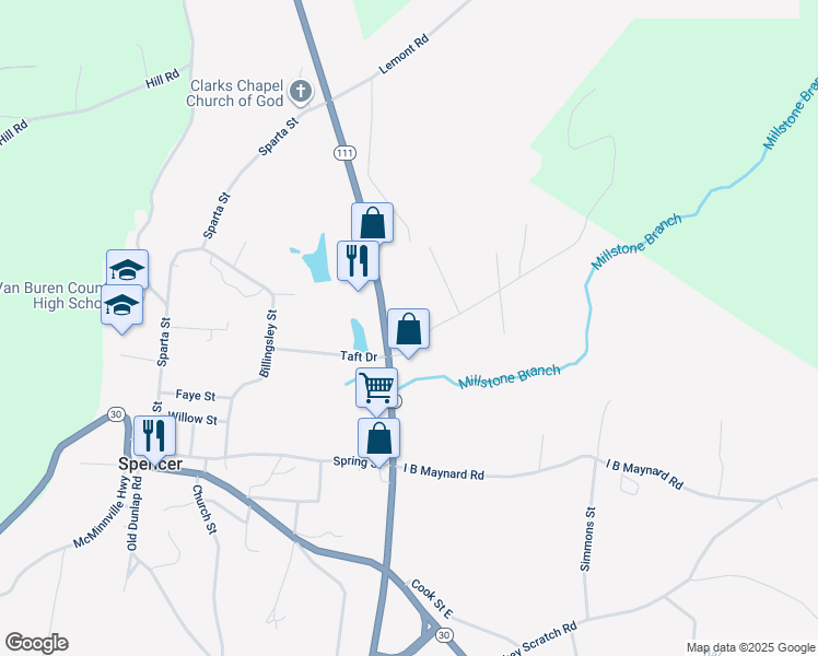 map of restaurants, bars, coffee shops, grocery stores, and more near 292 Little Falls Road in Spencer