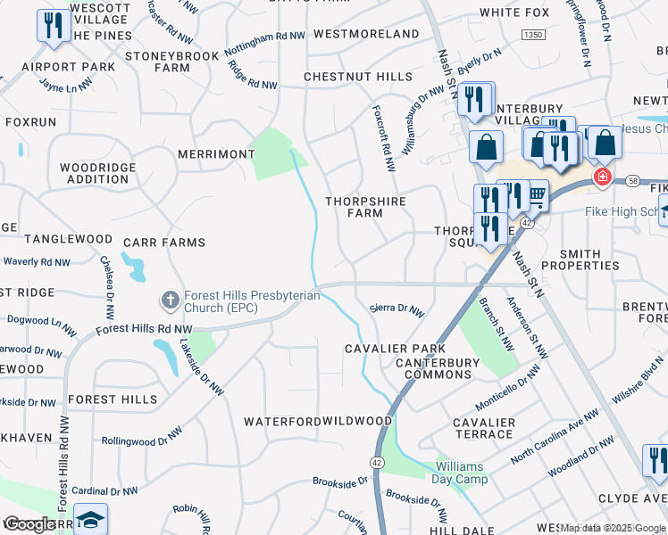 map of restaurants, bars, coffee shops, grocery stores, and more near Linden Lane Northwest in Wilson