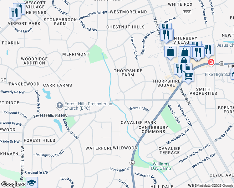 map of restaurants, bars, coffee shops, grocery stores, and more near Linden Lane Northwest in Wilson