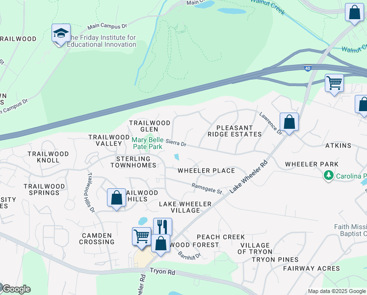 map of restaurants, bars, coffee shops, grocery stores, and more near 3112 Henslowe Drive in Raleigh