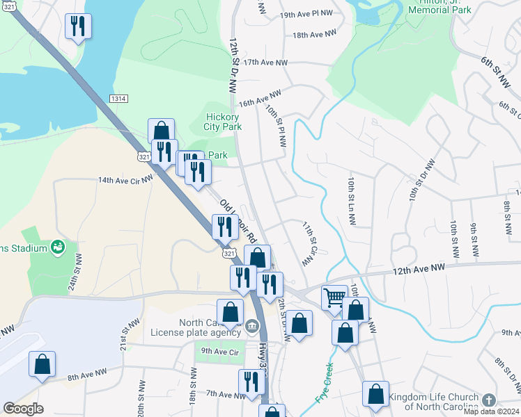 map of restaurants, bars, coffee shops, grocery stores, and more near 1340 12th Street Drive Northwest in Hickory