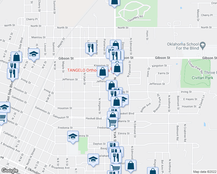 map of restaurants, bars, coffee shops, grocery stores, and more near 904 Wildair Street in Muskogee