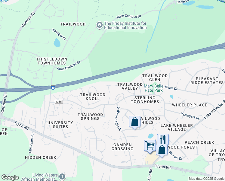map of restaurants, bars, coffee shops, grocery stores, and more near 1851 Trailwood Heights Lane in Raleigh