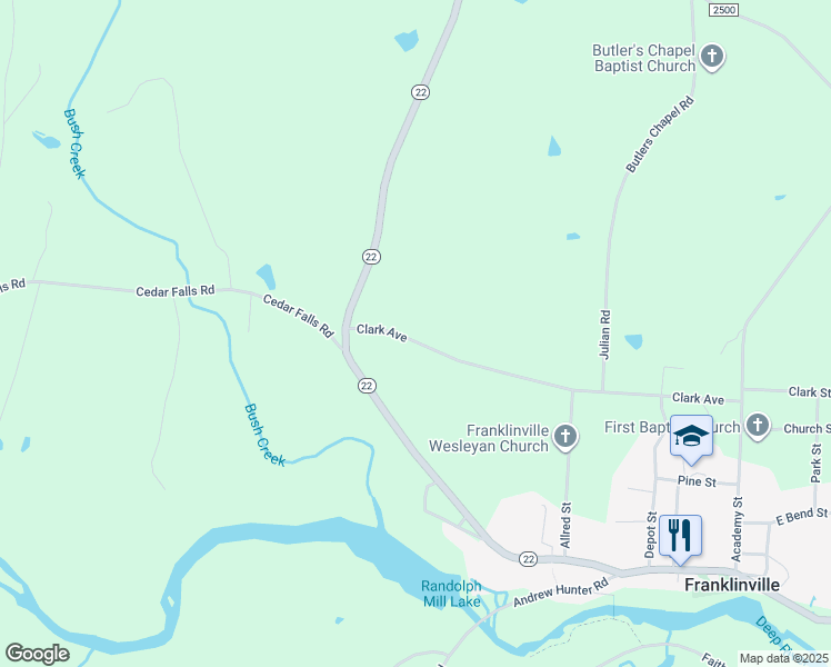 map of restaurants, bars, coffee shops, grocery stores, and more near 3120 Clark Avenue in Franklinville