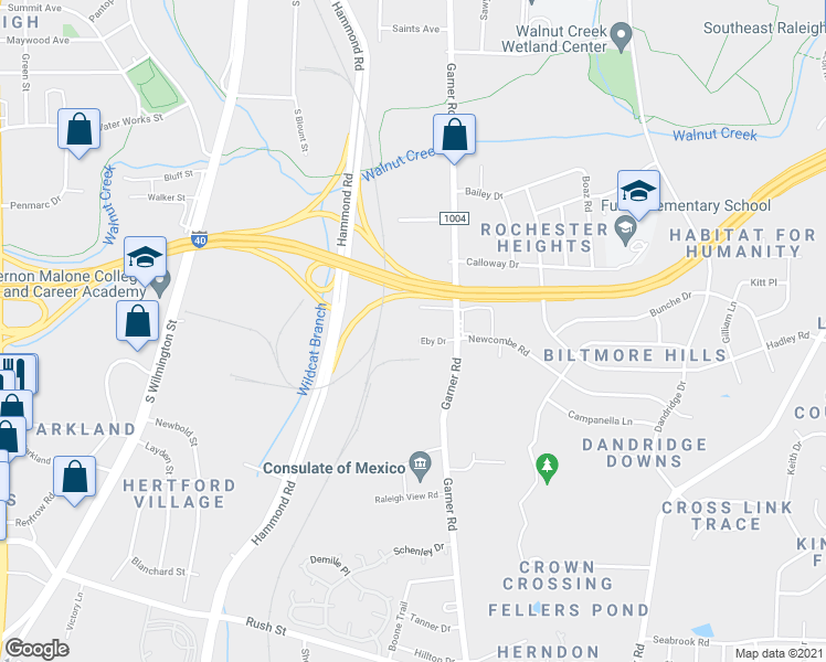 map of restaurants, bars, coffee shops, grocery stores, and more near 419 Eby Drive in Raleigh