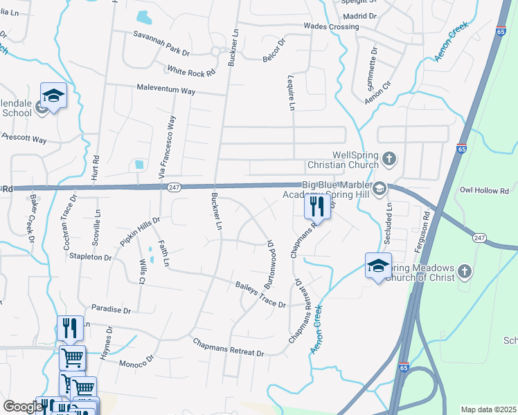 map of restaurants, bars, coffee shops, grocery stores, and more near 2921 Burtonwood Drive in Spring Hill