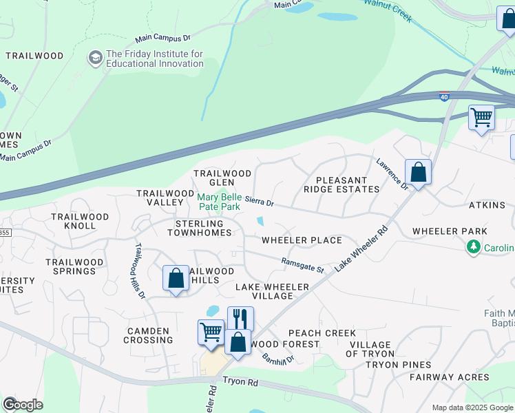 map of restaurants, bars, coffee shops, grocery stores, and more near 2509 Sierra Drive in Raleigh