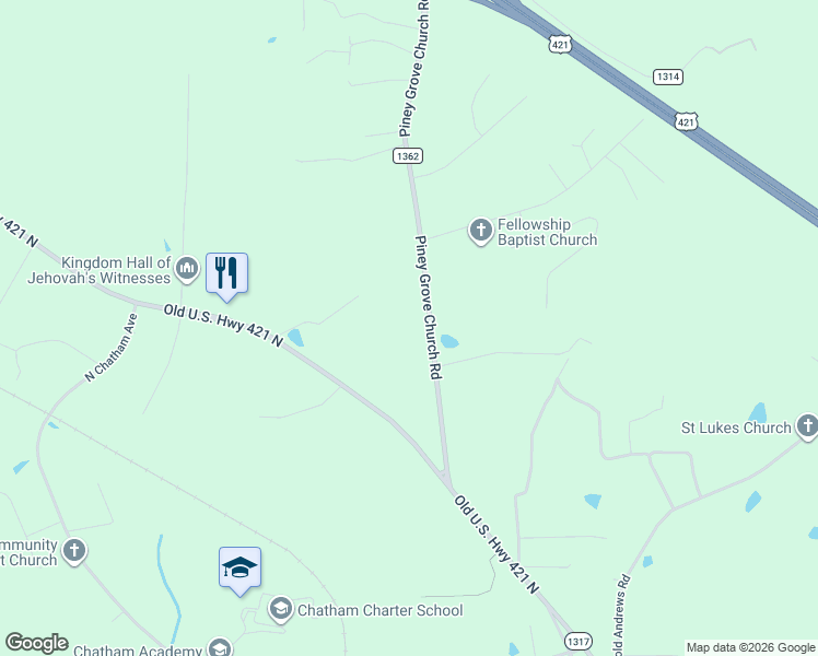 map of restaurants, bars, coffee shops, grocery stores, and more near 311 Piney Grove Church Road in Siler City
