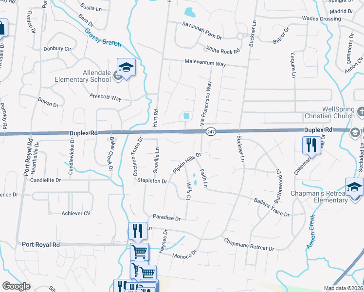 map of restaurants, bars, coffee shops, grocery stores, and more near 2804 Tyler Court in Spring Hill