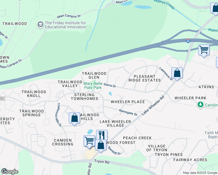 map of restaurants, bars, coffee shops, grocery stores, and more near 2509 Sierra Drive in Raleigh
